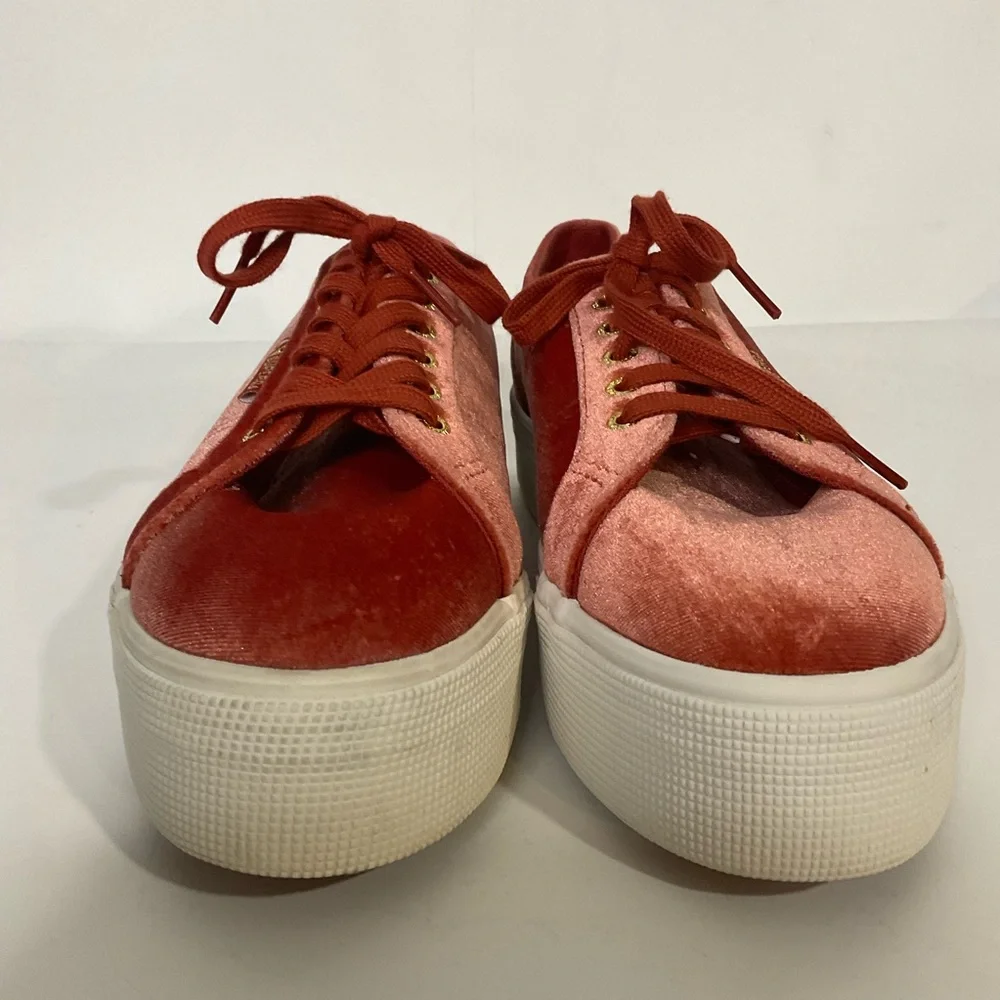 Superga Red Velvet Platform Sneakers Matching Laces & GoldToned Eyelets; 8M/9.5W